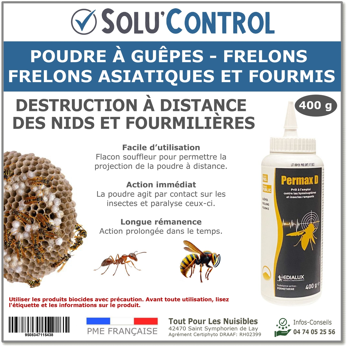 Poudre Insecticide guêpes - frelons dont asiatique, fourmis, fourmilières, Permax D - Flacon souffleur de 400 g