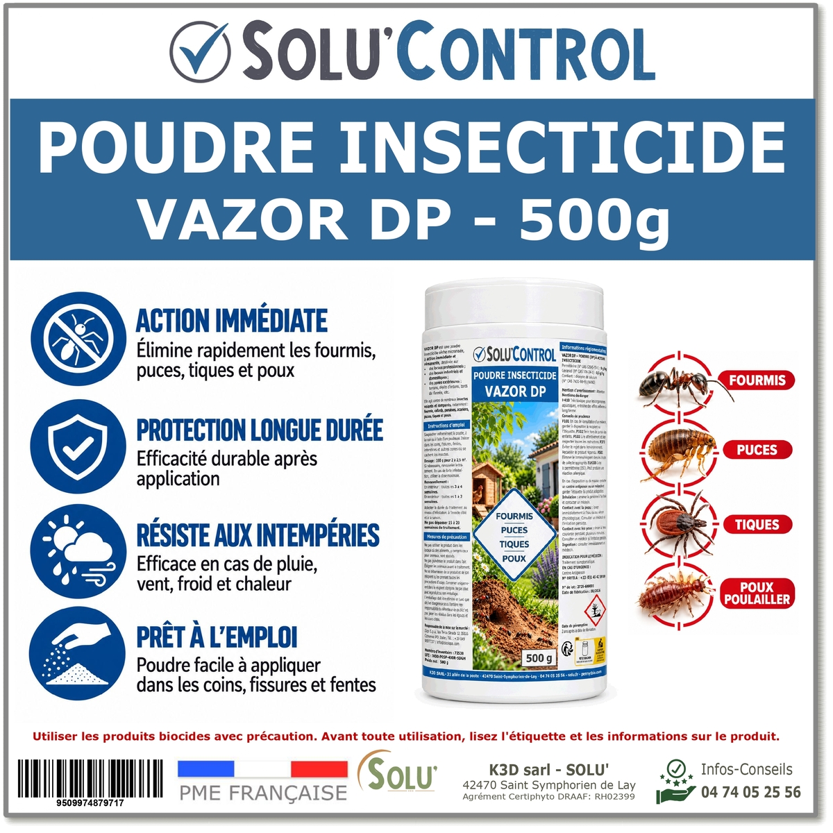 Poudre contre les fourmis, puces, tiques, poux rouges,... Solu